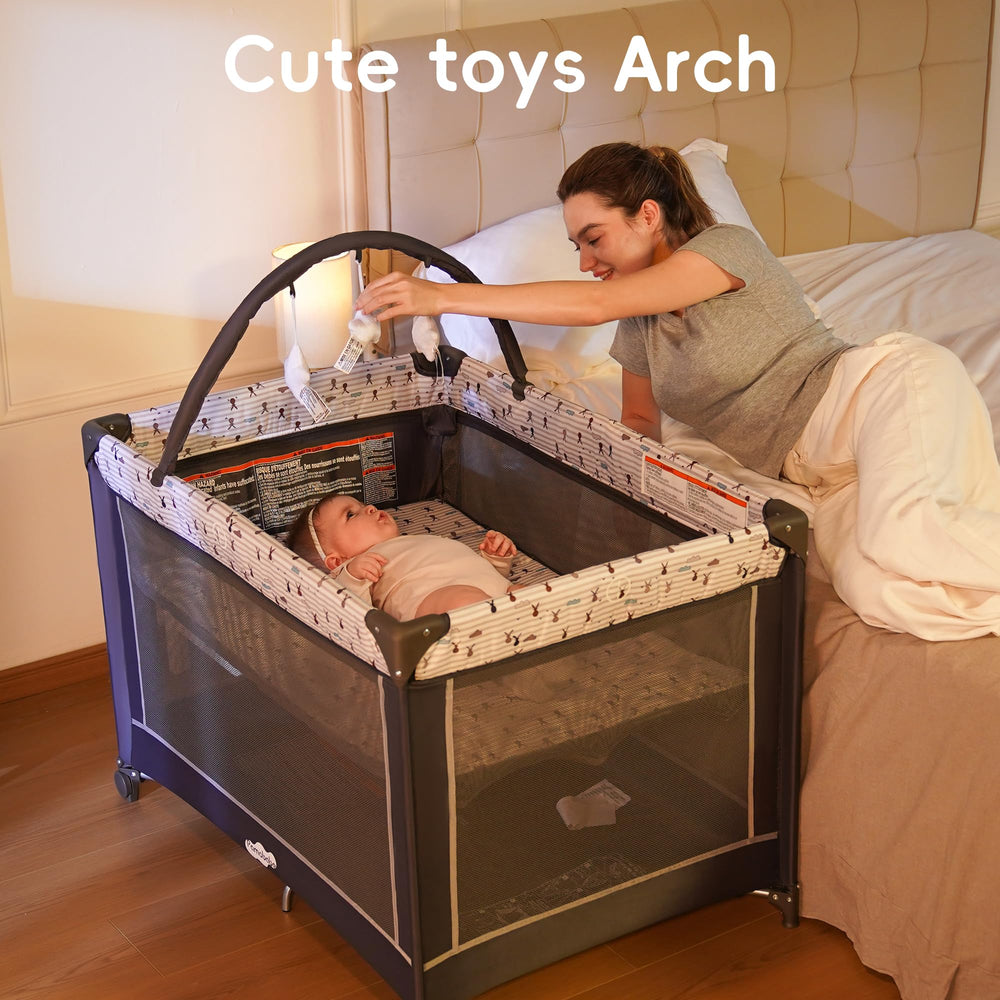 Pamo Babe Pack and Play care-wipe friendly surface cleans easily.