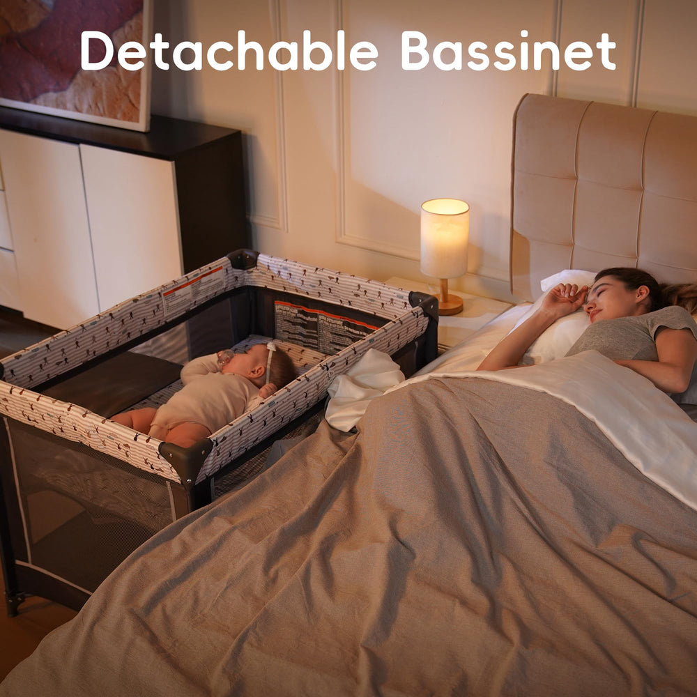 Pamo Babe Pack and Play carry-bag simplifies travel storage.
