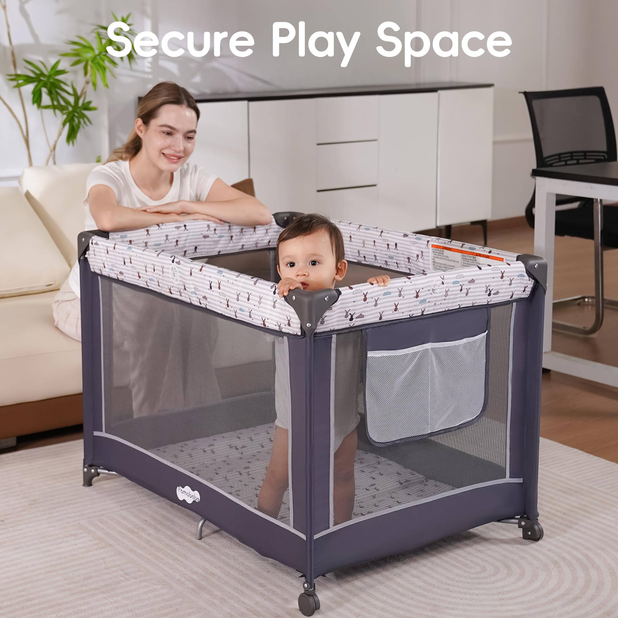 Pamo Babe Pack and Play detachable-bassinet offers flexible nap setups.