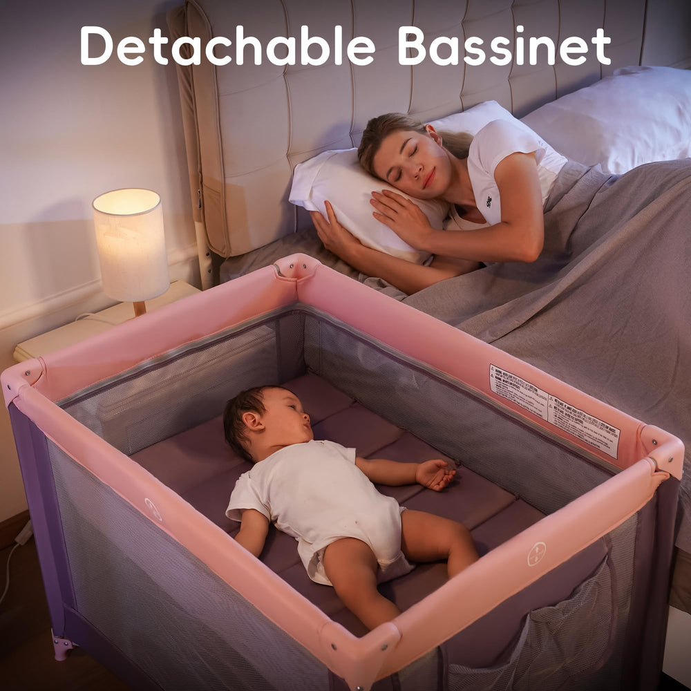 Pamo Babe Pack and Play bassinet assembled for baby naps.
