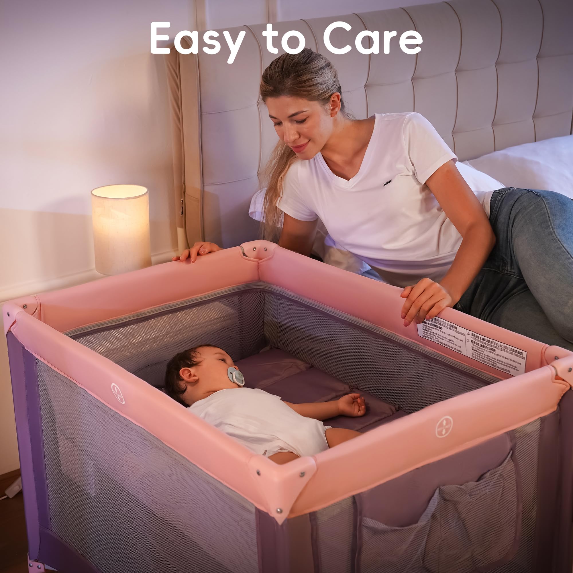 Pamo Babe Pack and Play easy-clean surface for quick wipes.