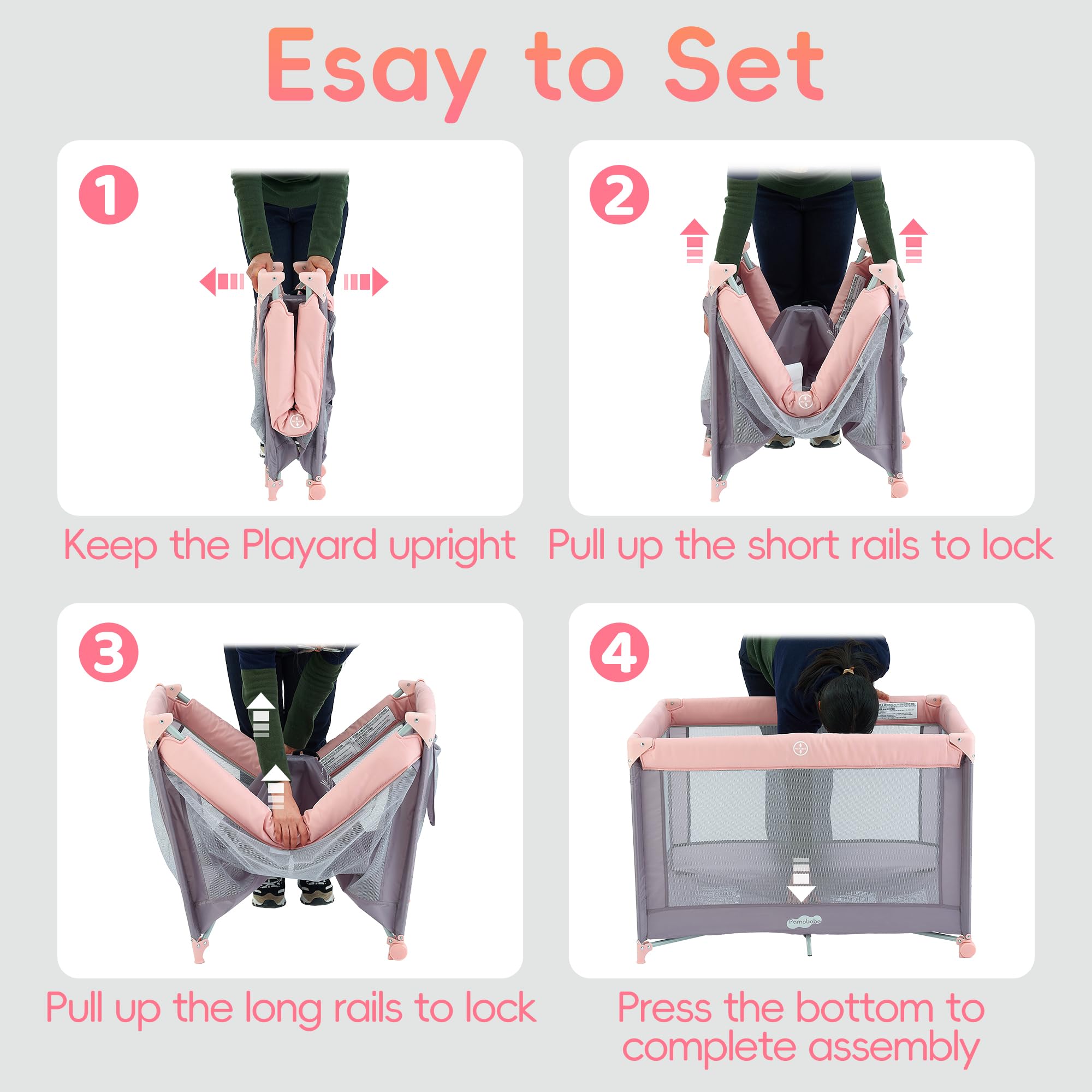 Pamo Babe Pack and Play wheels ease room changes.
