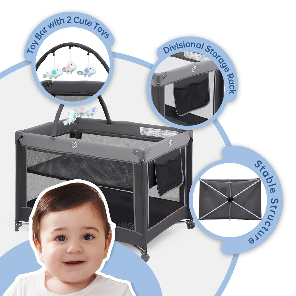 Pamo Babe travel-ready playpen set up quickly during trips