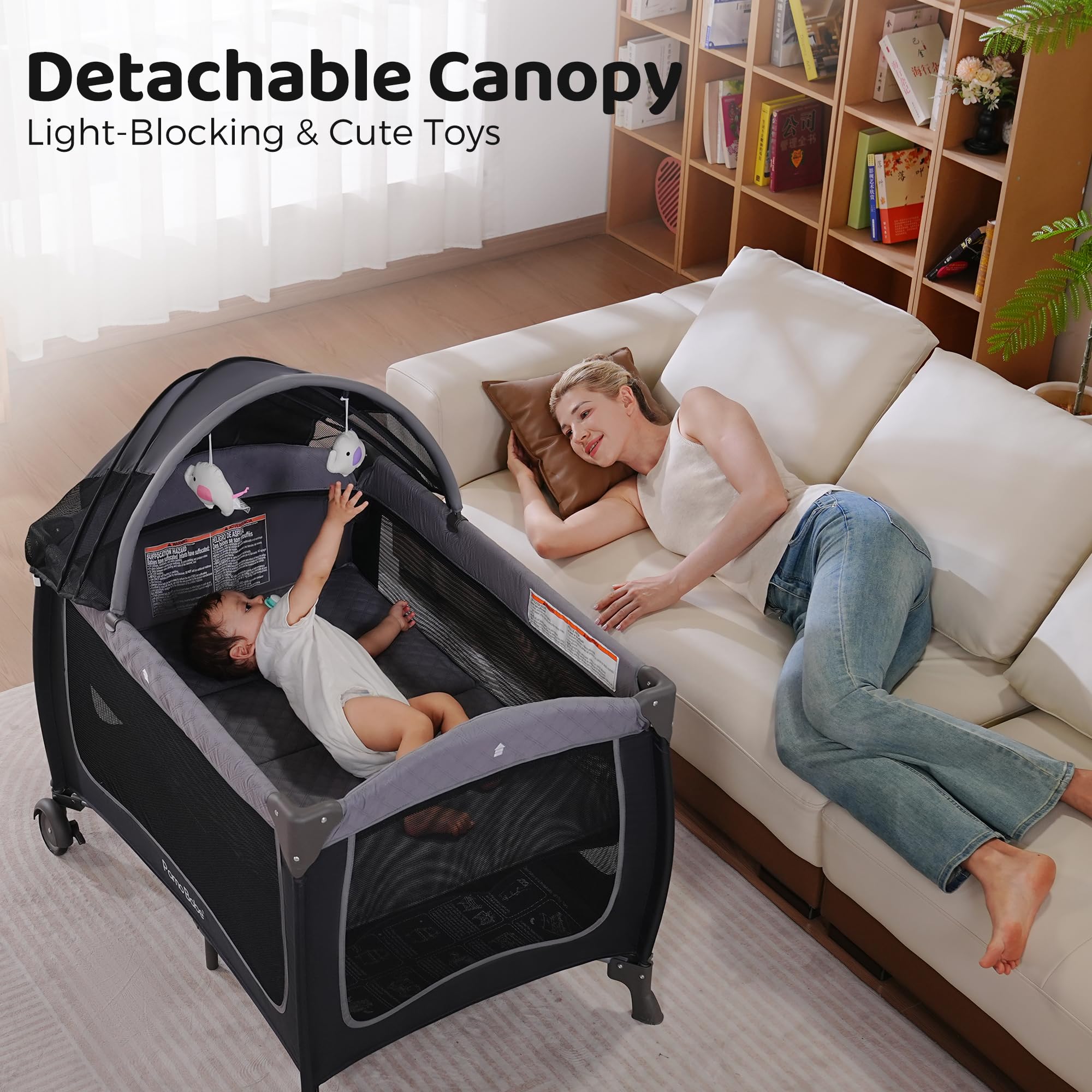 Pamo Babe detachable canopy shields from bright light and keeps sun away