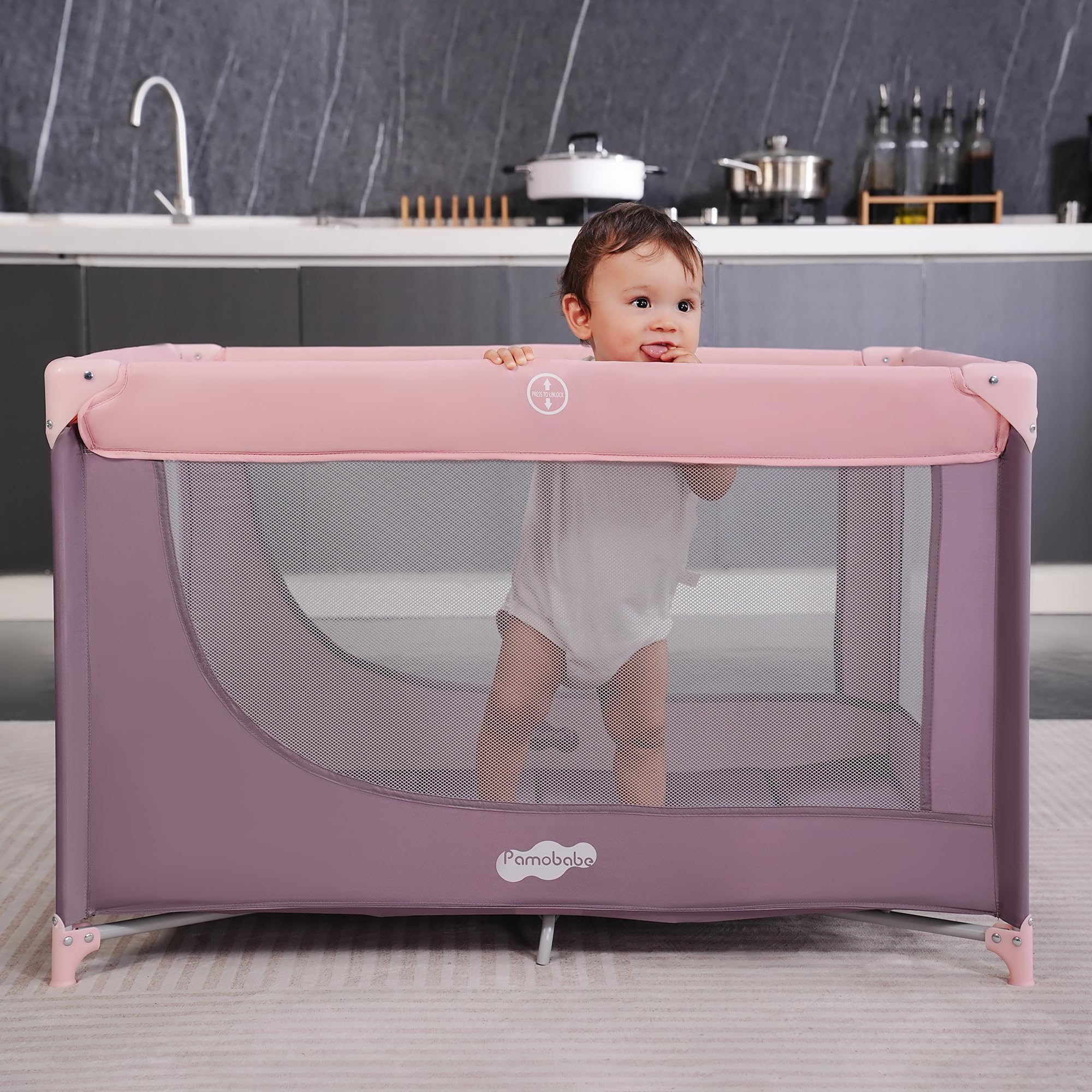 Pamo Babe Compact Pack and Play mesh design ensures airflow and visibility