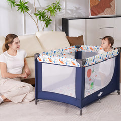 Pamo Babe lightweight travel crib in use during a family visit.