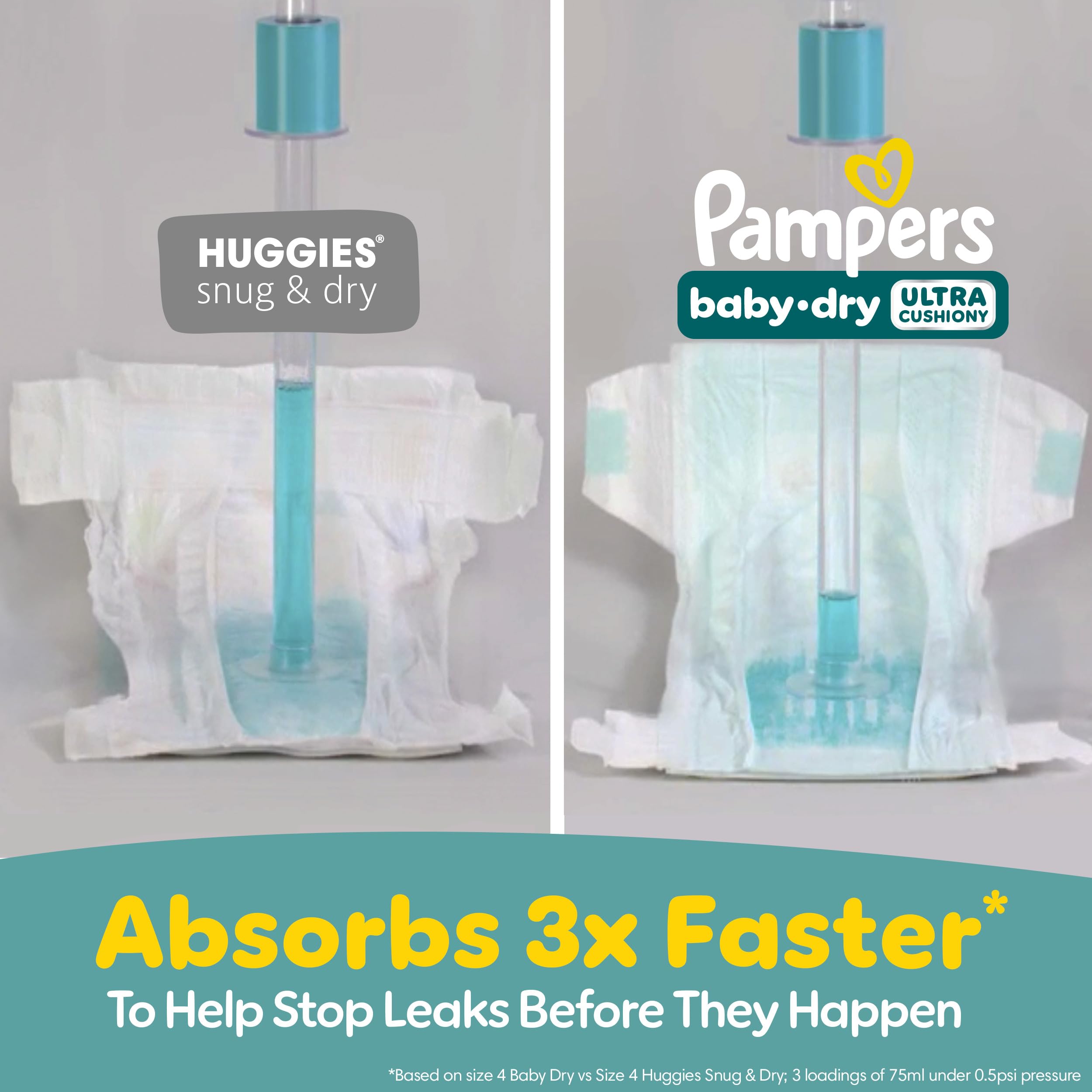 Pampers Baby-Dry dry-weave liner visible on the diaper