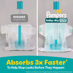 Pampers Baby-Dry dry-weave liner visible on the diaper