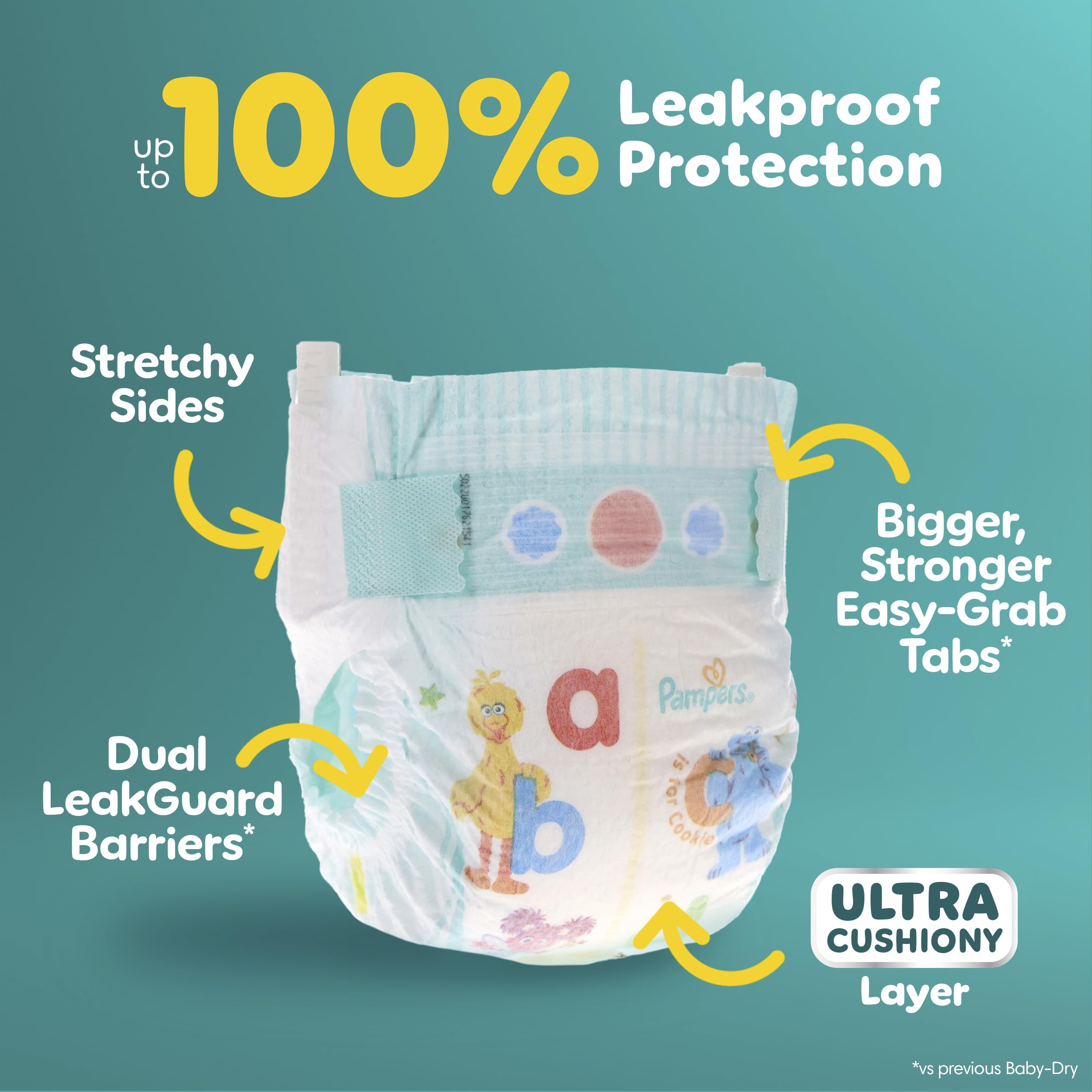 Pampers Baby-Dry dual-leak guard demonstrates protection for day and night