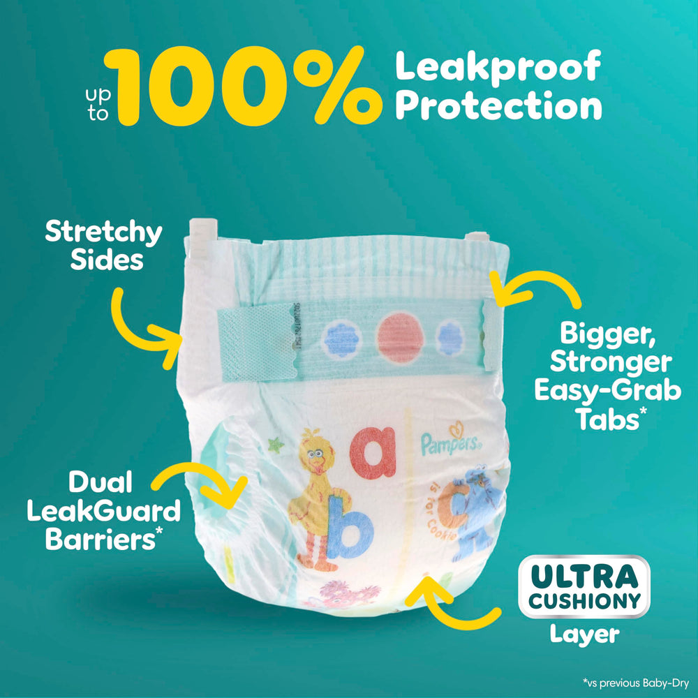 Pampers Baby-Dry dual-leak guard demonstrates protection for day and night
