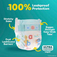Pampers Baby-Dry dual-leak guard demonstrates protection for day and night