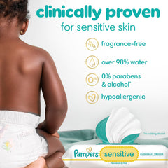 Pampers Sensitive wipes are hypoallergenic and fragrance-free for newborn skin.