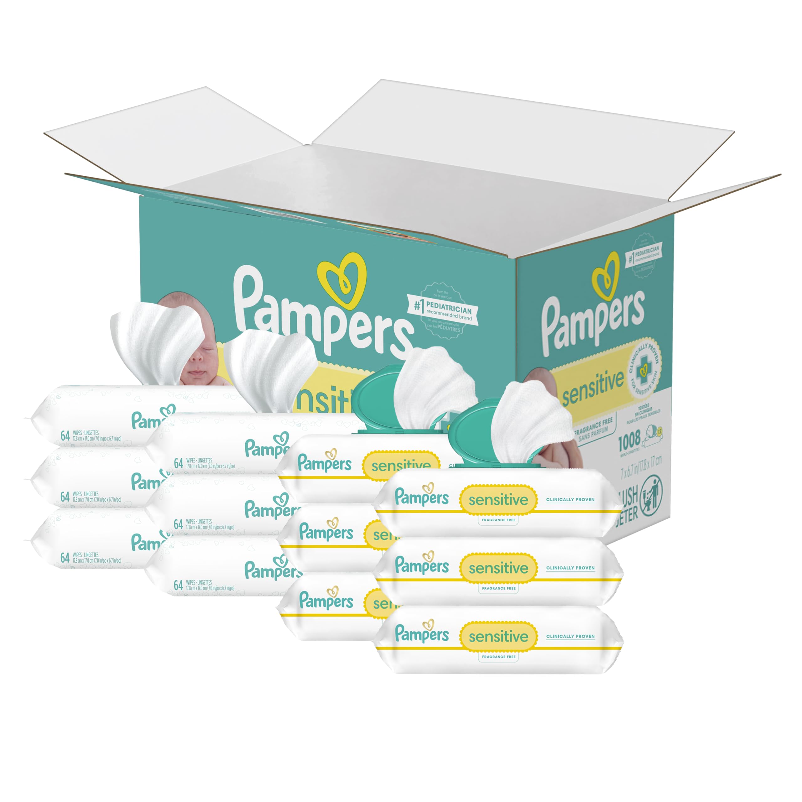 Pampers Sensitive wipes with water-based formula, gentle on delicate baby skin.