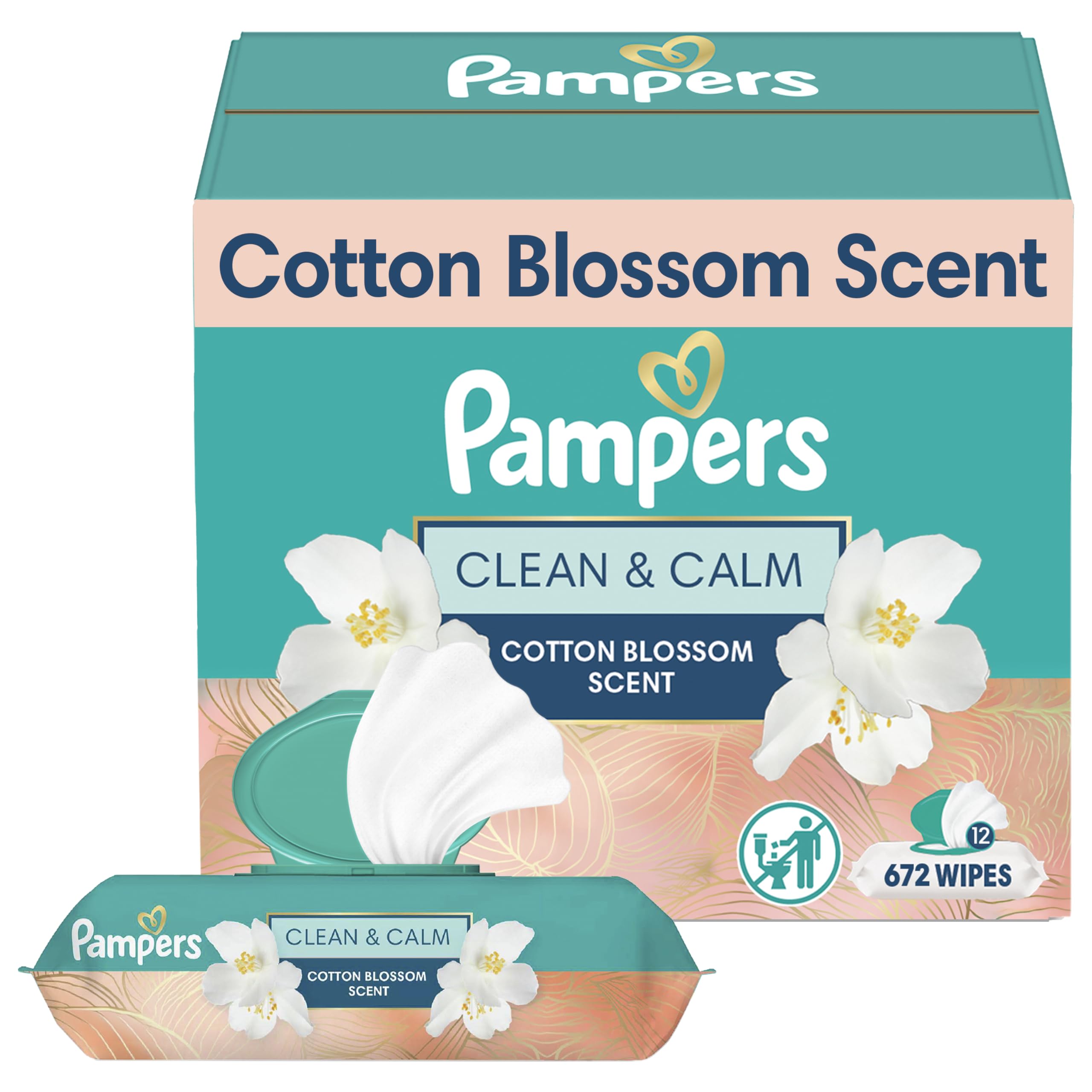 Pampers Clean & Calm Cotton Blossom 12-pack display for easy on-the-go cleaning