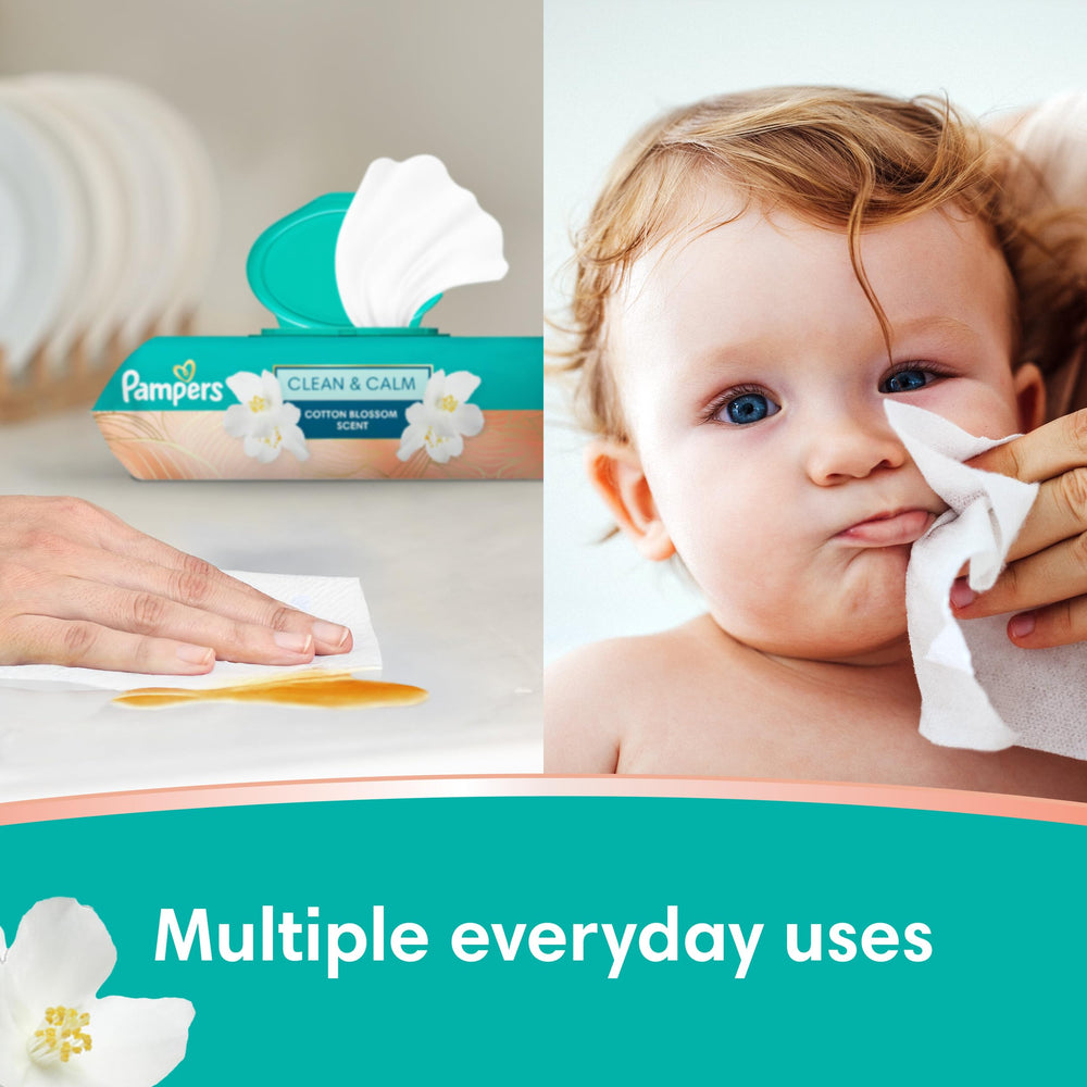 Pampers Clean & Calm Cotton Blossom pop-top dispensing one wipe at a time