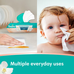 Pampers Clean & Calm Cotton Blossom pop-top dispensing one wipe at a time