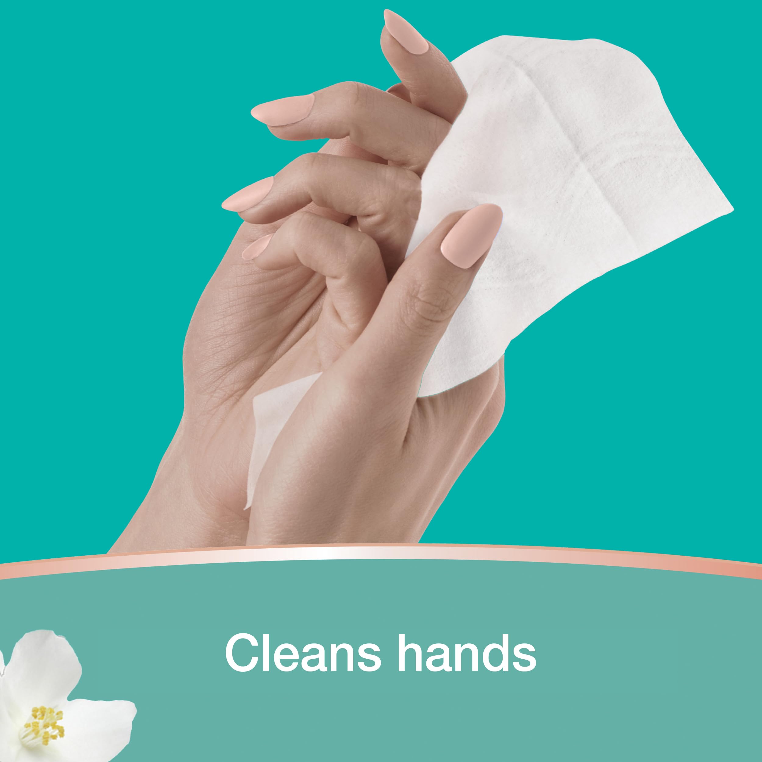 Pampers wipes shown cleaning hands and small surfaces
