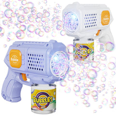 Panacare bubble gun with 10 holes emits colorful bubbles using LED illumination.
