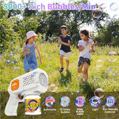 Panacare bubble gun assembly and use enable quick setup for family playtime.