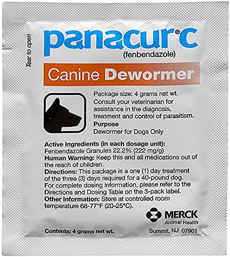 Close-up of Panacur C 4g packet highlighting convenient single-dose portions.