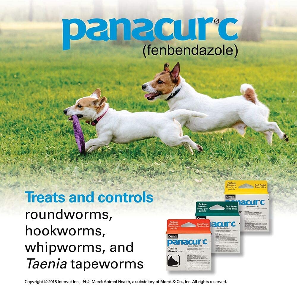 Box and packets of Panacur C illustrate vet-guided deworming.