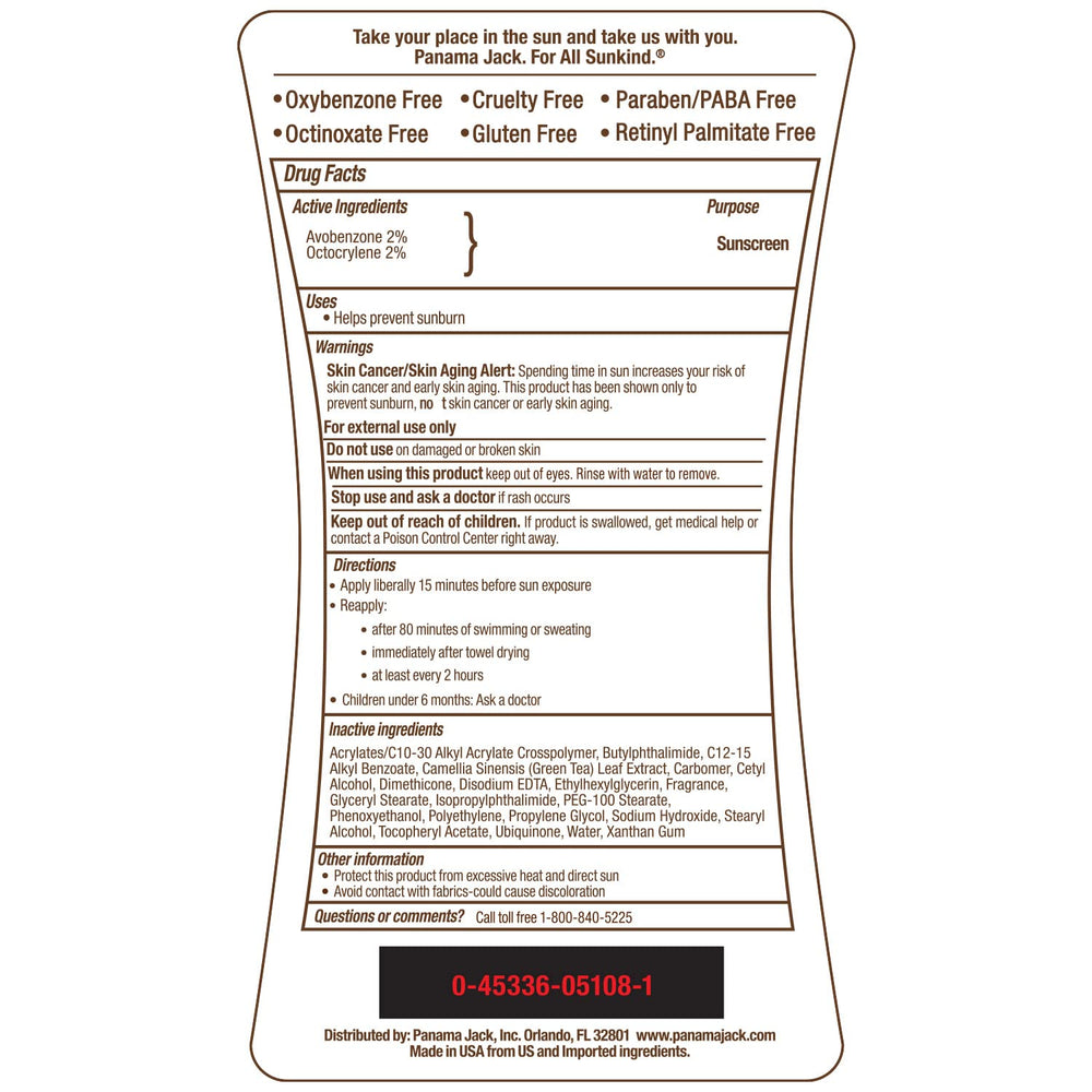 Panama Jack Sunscreen Tanning Lotion SPF 8 bottle back label highlights cruelty-free and gluten-free claims