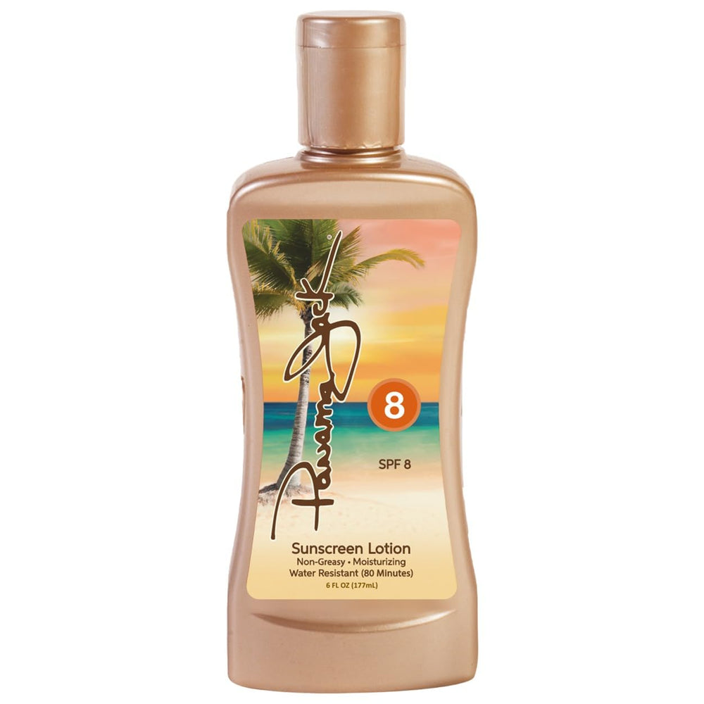 Panama Jack Sunscreen Tanning Lotion SPF 8 bottle front shows compact size and moisturizing formula