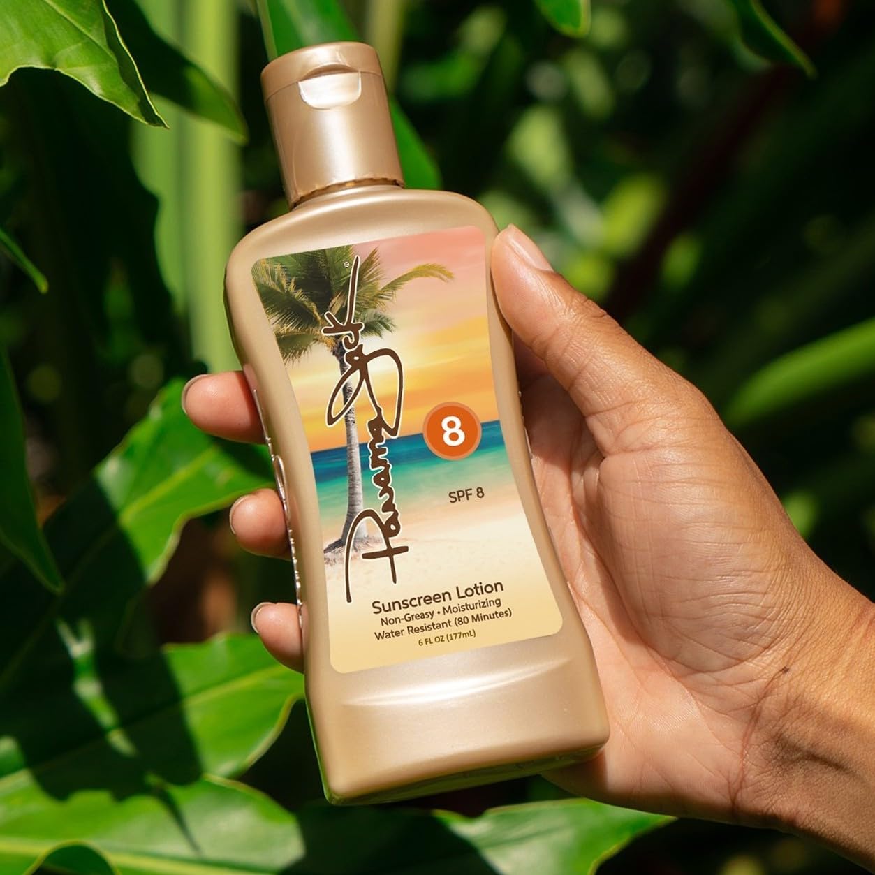 Panama Jack Sunscreen Tanning Lotion SPF 8 cap close-up emphasizes easy dispensing and travel-friendly size