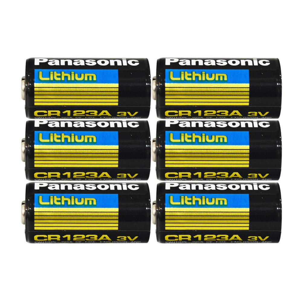 Panasonic CR123A 3V battery in a 6-pack, ideal for cameras and flash units.