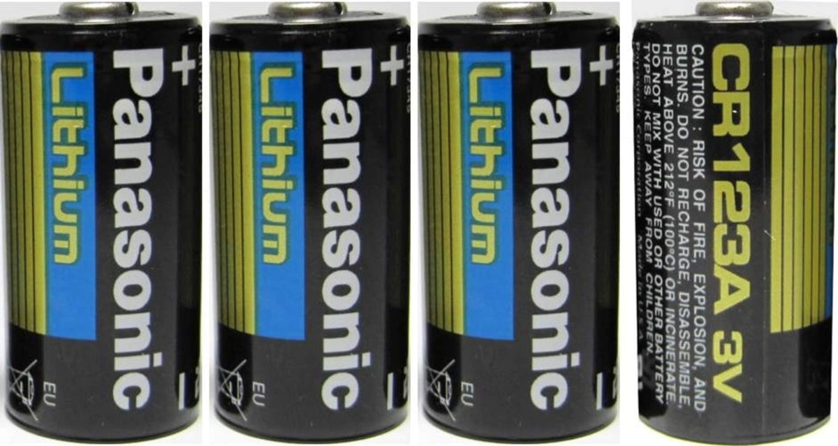 Panasonic CR123A battery pack image showing four 3V lithium cells, ideal for security cameras.