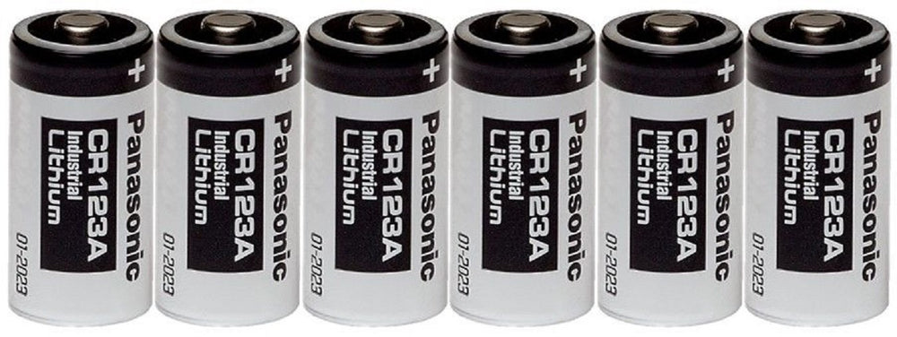 Panasonic Industrial CR123A battery six-pack powering high-drain devices reliably
