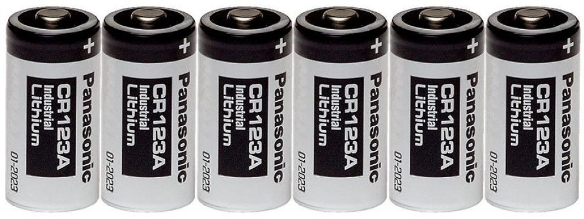 Panasonic Industrial CR123A battery six-pack powering high-drain devices reliably