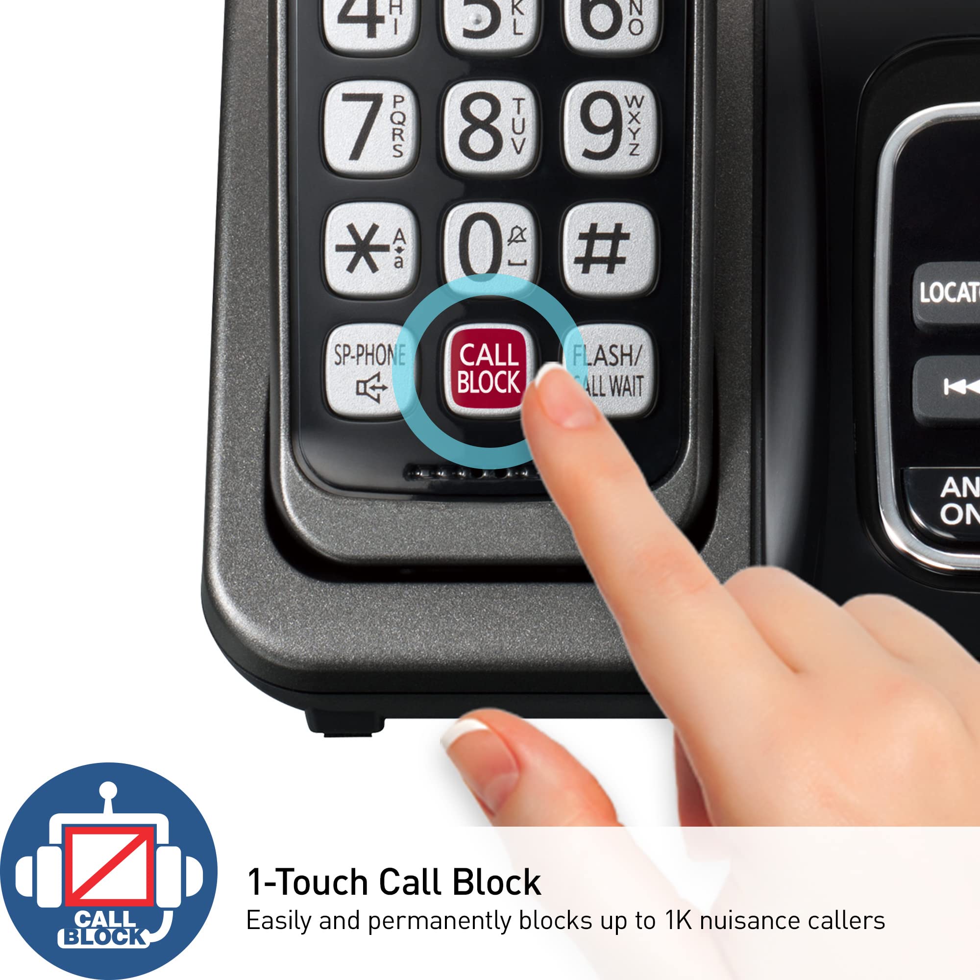 Close-up of the KX-TGD830M display showing large caller ID text