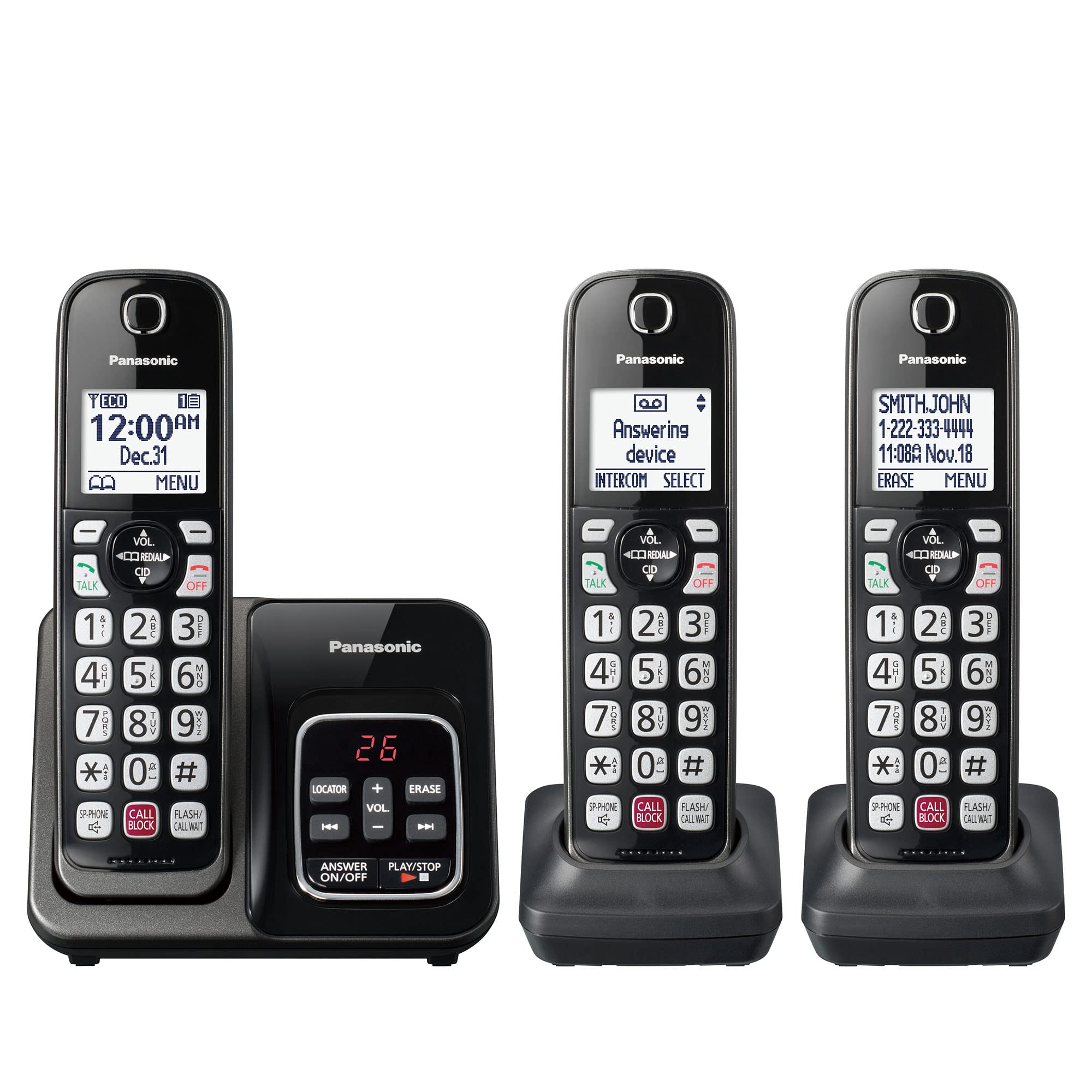 Panasonic KX-TGD833M handsets with high-contrast display improve readability in dim rooms.