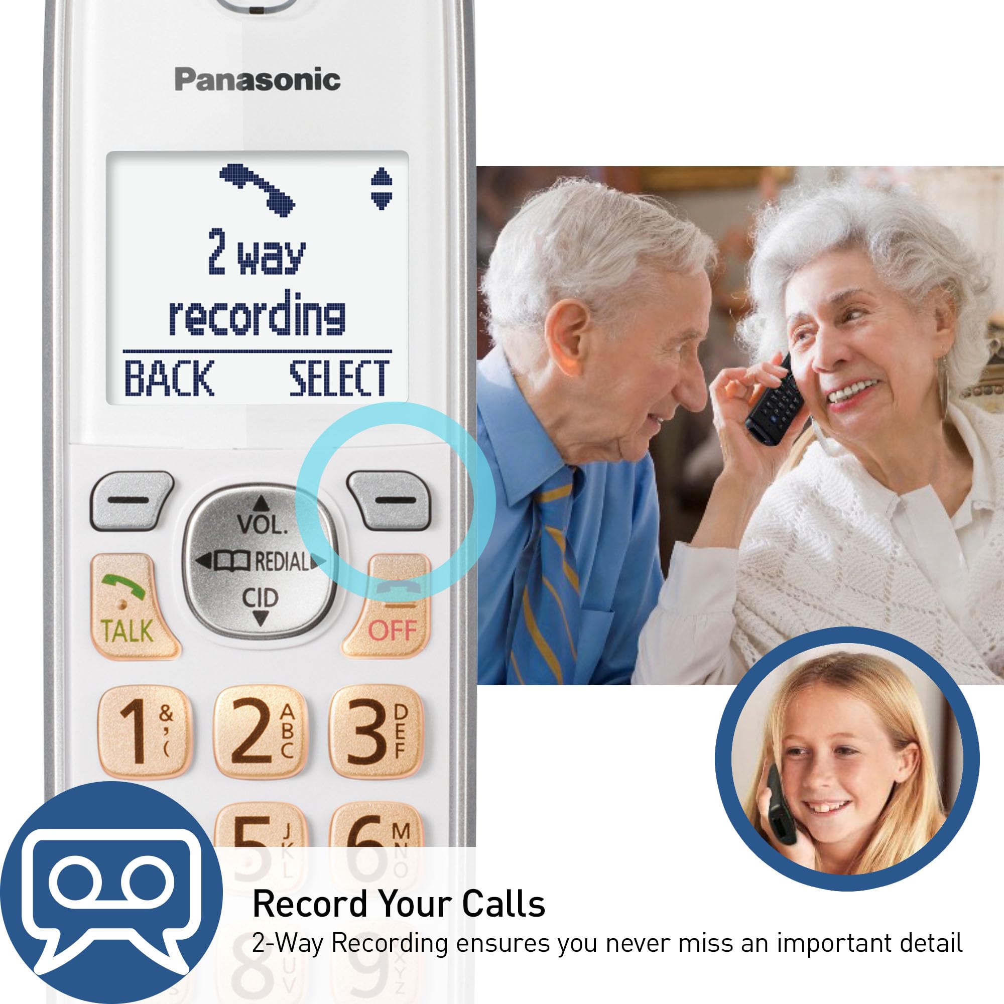 Panasonic KX-TGD864W 2-way recording captures conversations for later reference.