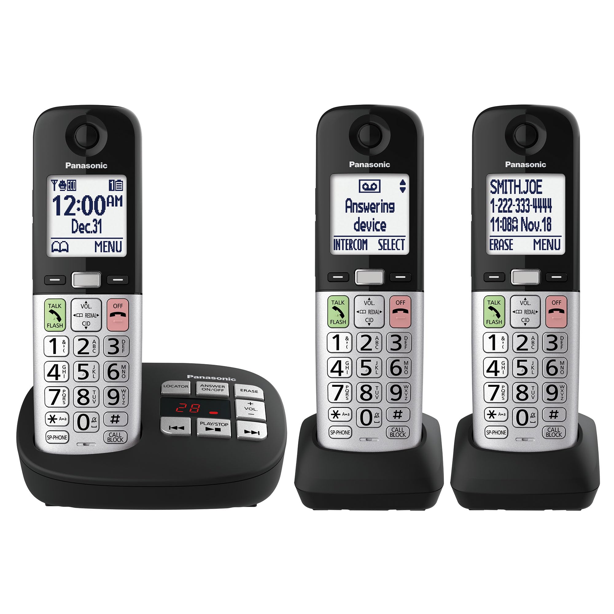 Panasonic KX-TGU433B main unit with large display for easy viewing during calls.