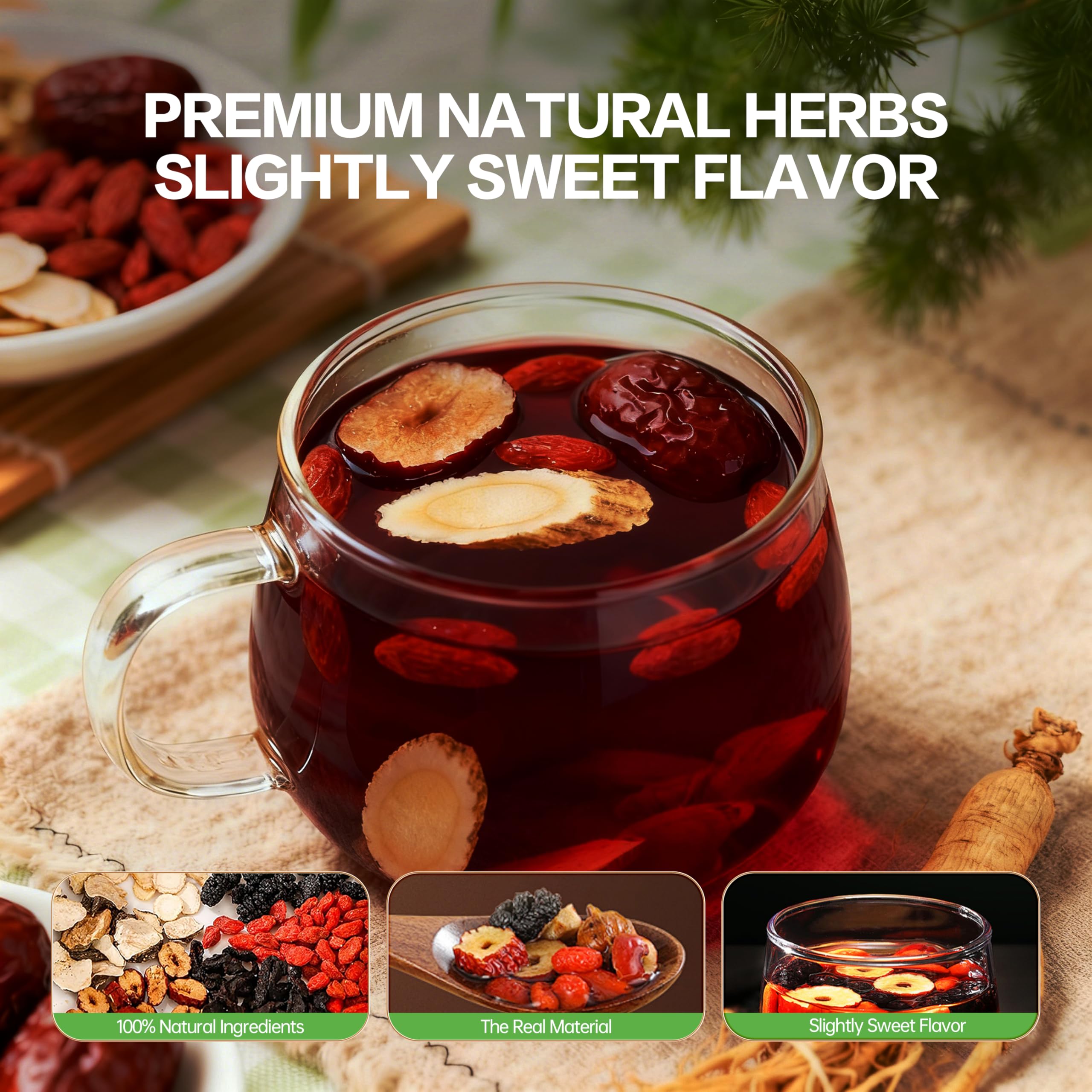 Panax ginseng illustration alongside Monbrizz kidney tea formula