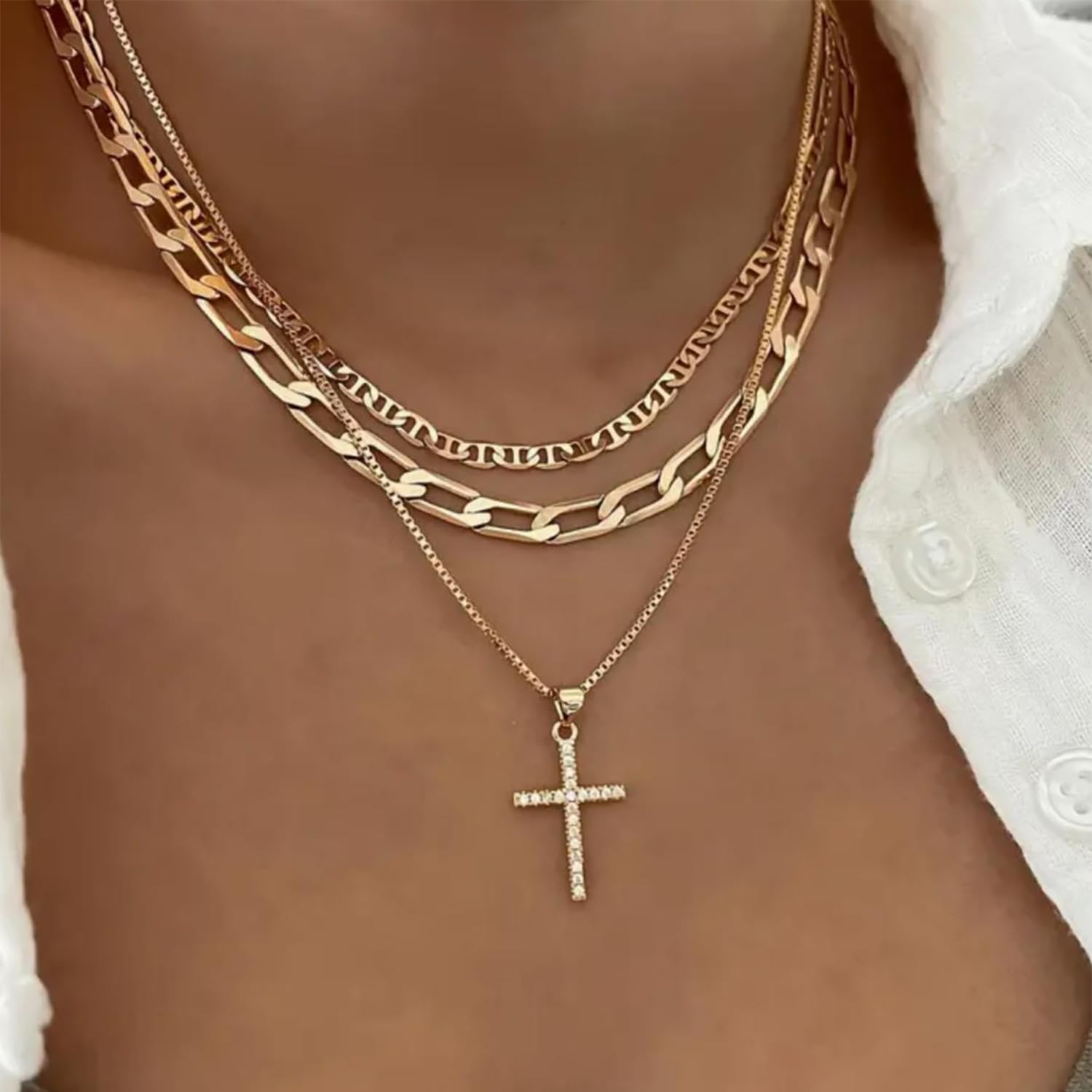 Pancert Cross Necklace flat mariner chain close-up showing shine.