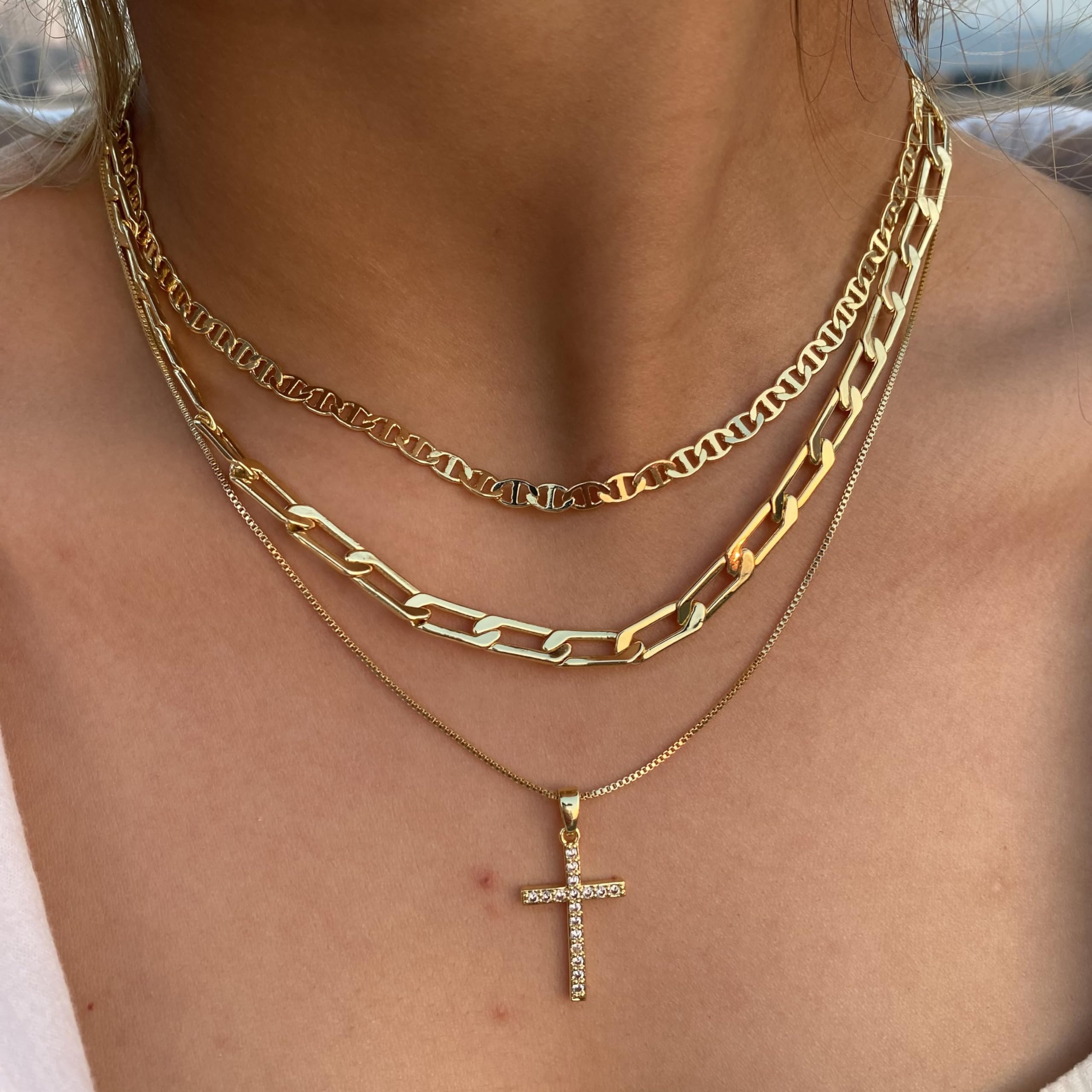 Pancert Cross Necklace paperclip chain paired with other layers.