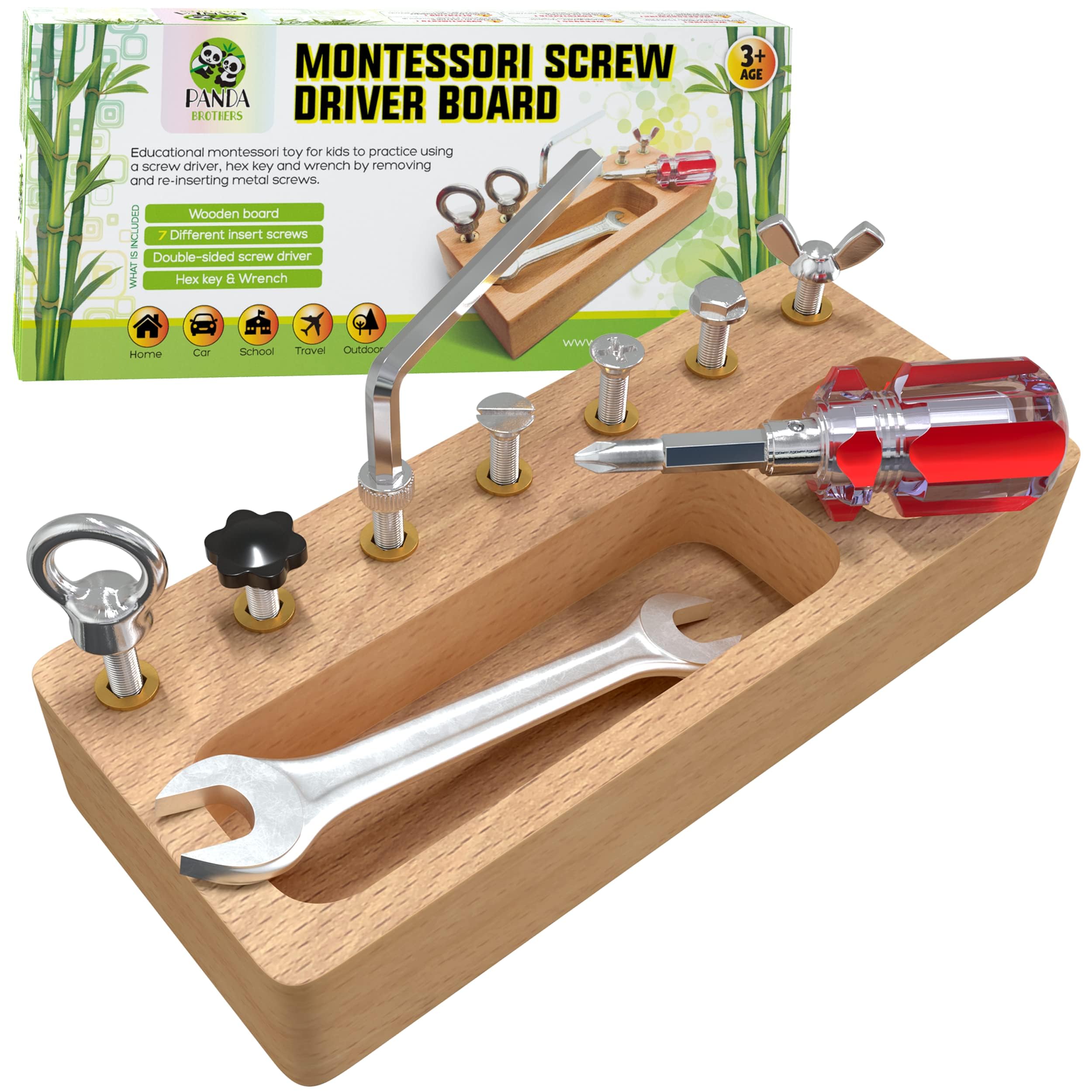 Panda Brothers Montessori Screwdriver Board in natural wood supports safe, hands-on exploration