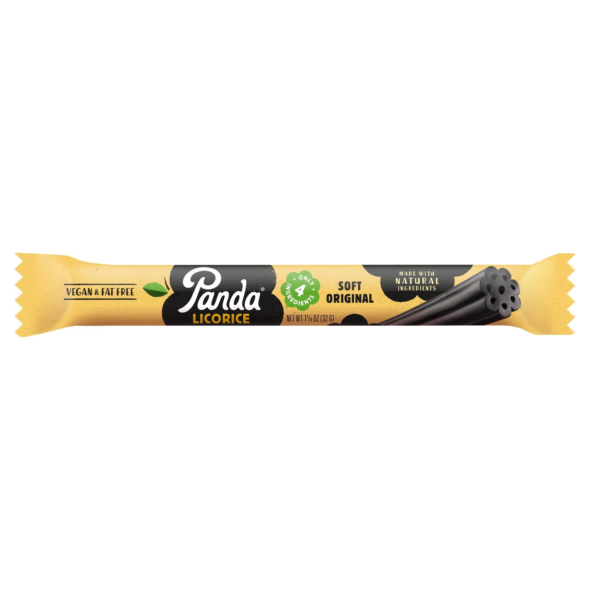 Panda licorice vegan and fat-free badge shown on packaging.