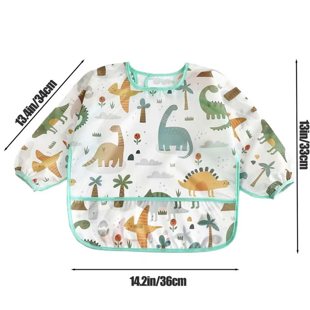 PandaEar blue long-sleeve bib shows waterproof, stain-resistant fabric.