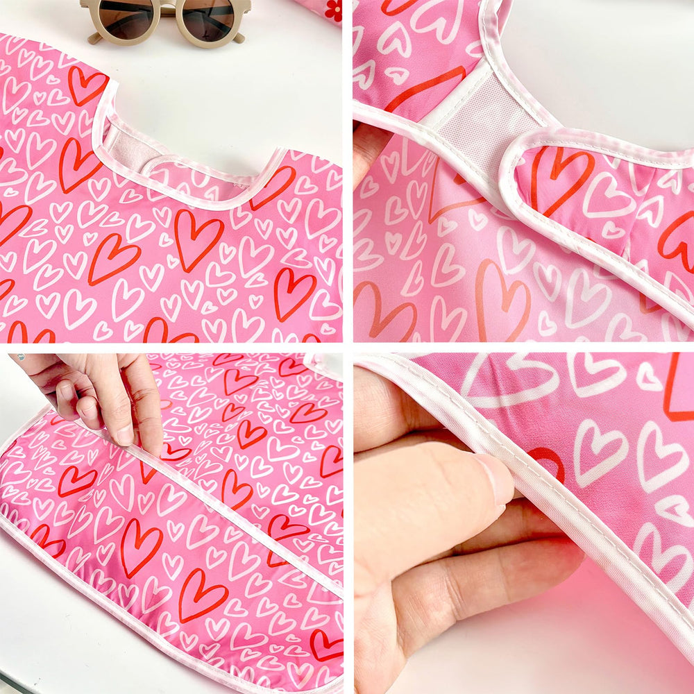 PandaEar crumb catcher pocket on pink bib ready to catch spills