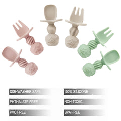 PandaEar linen silicone spoon and fork set promotes safe, independent eating.