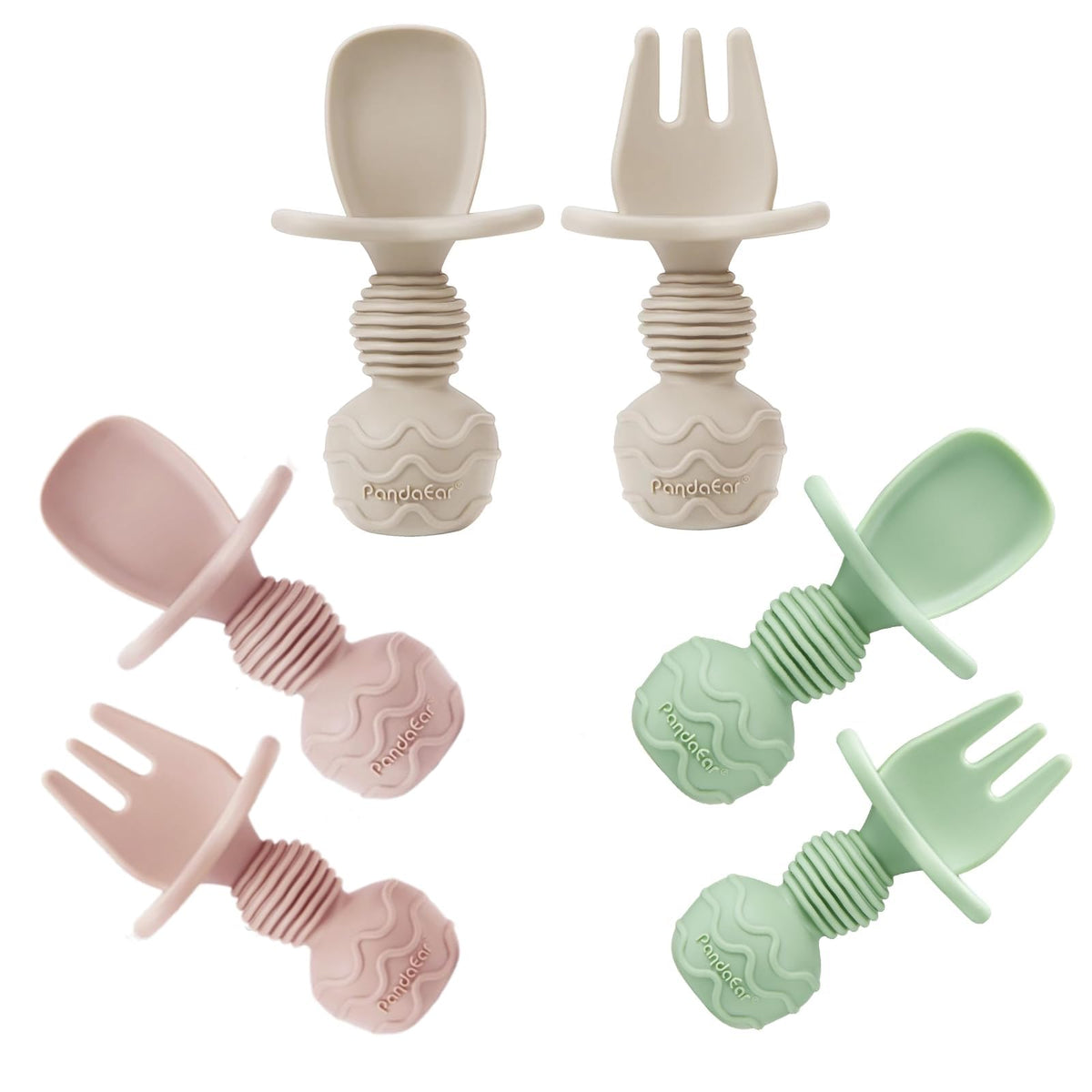 PandaEar pink silicone baby spoon with comfortable grip for easy self-feeding.