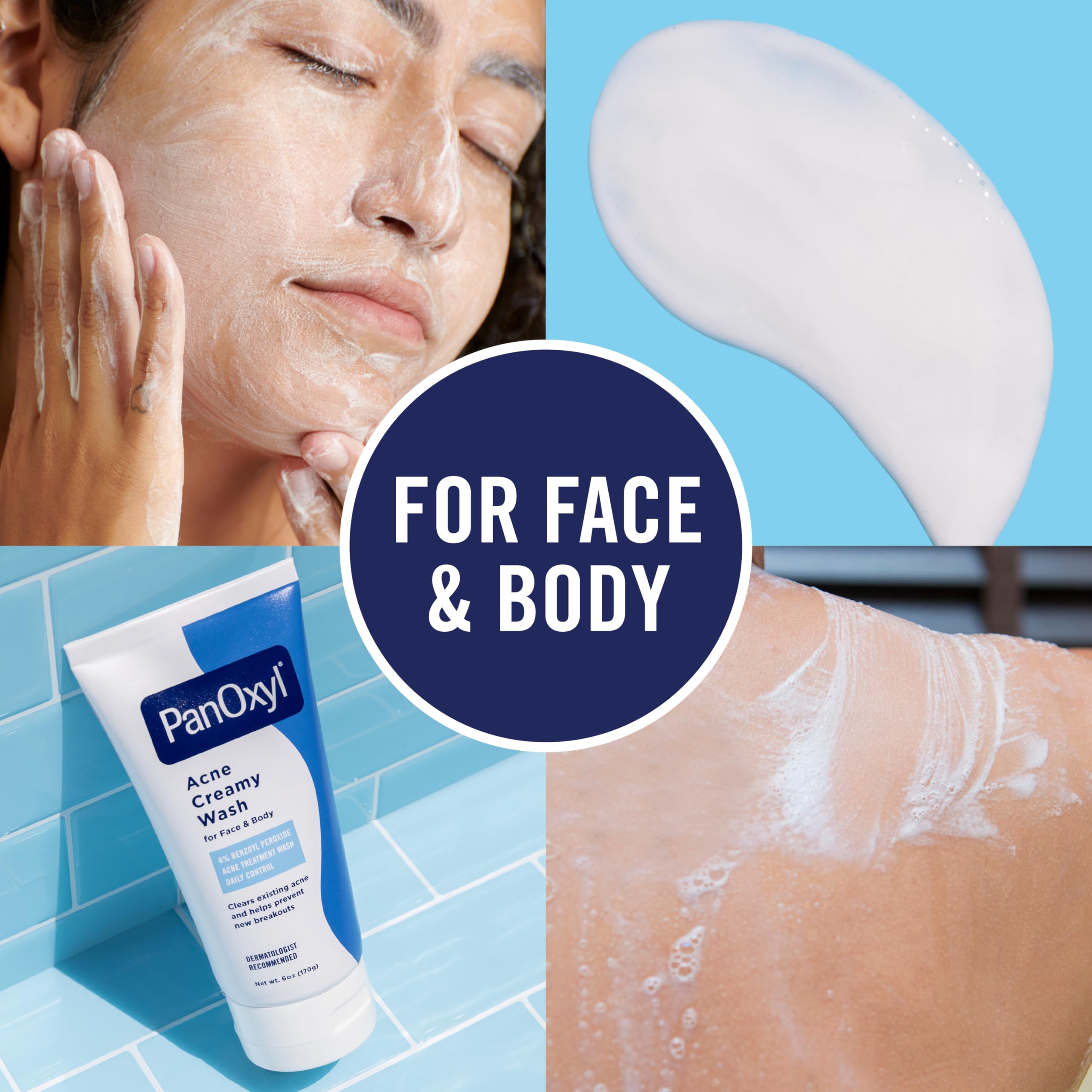 PanOxyl back and chest application suggests full-body cleansing for acne-prone areas.