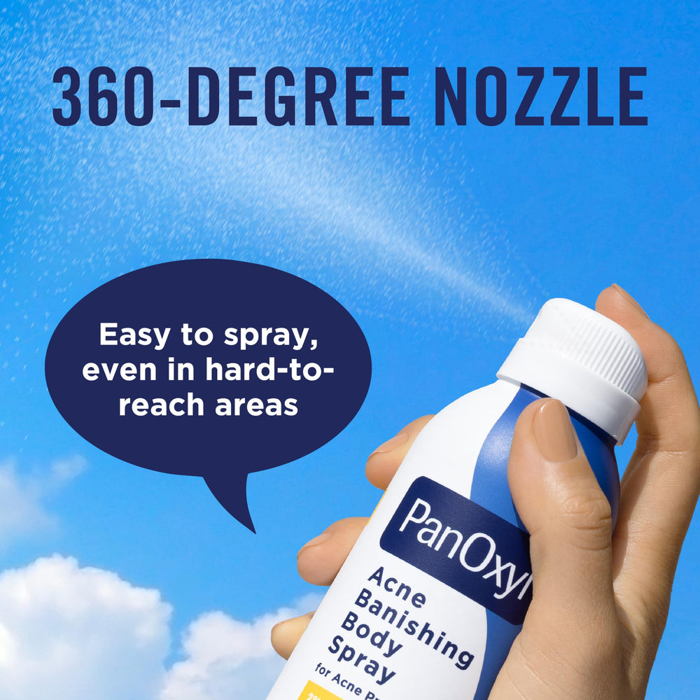 Back coverage is easy with PanOxyl spray and 360-degree design.