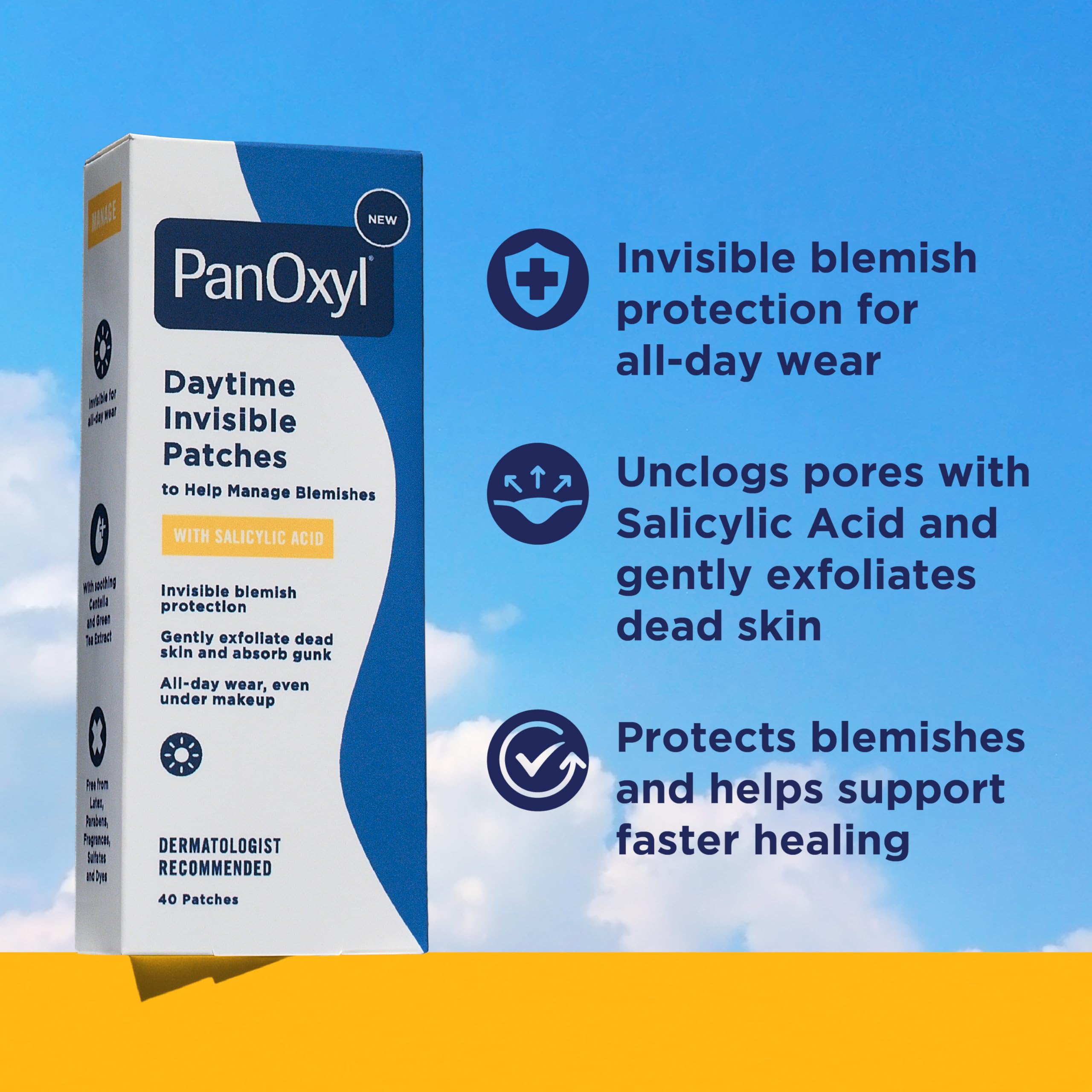 Close-up of PanOxyl patch delivering salicylic acid to unclog pores.