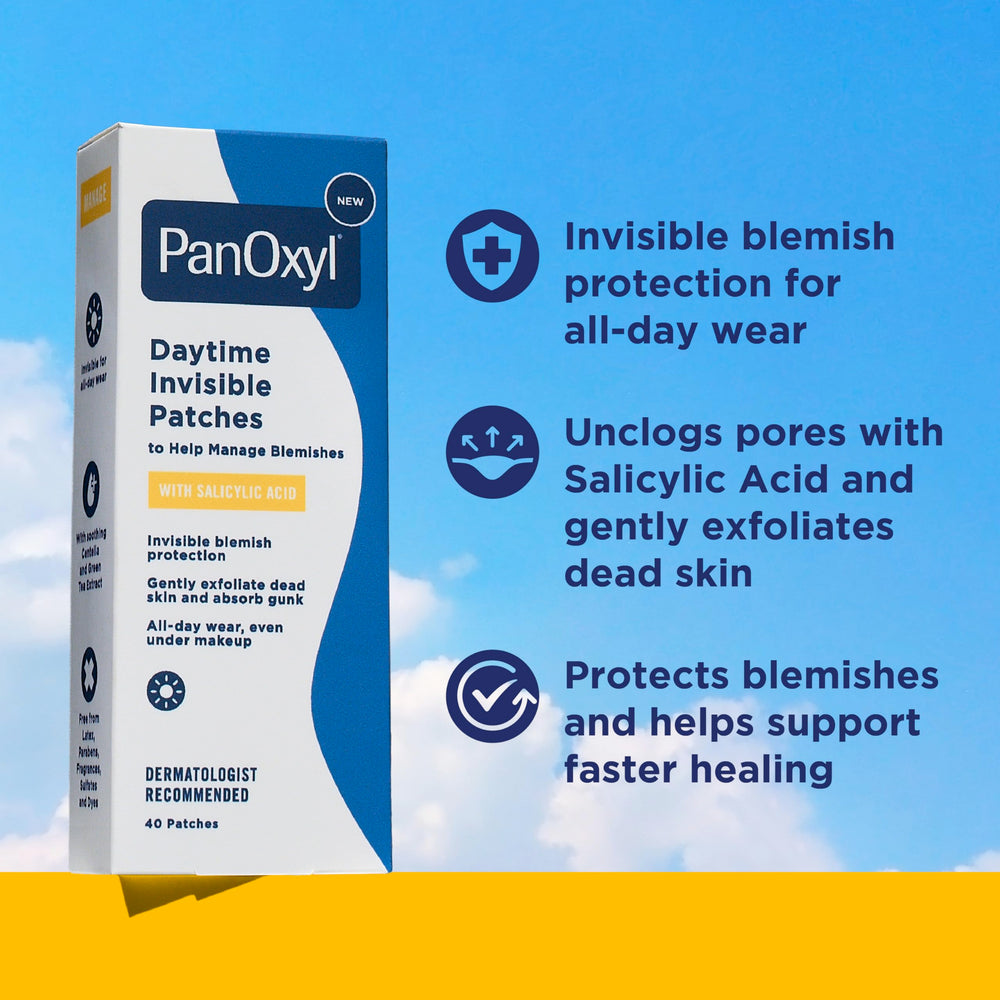 Close-up of PanOxyl patch delivering salicylic acid to unclog pores.
