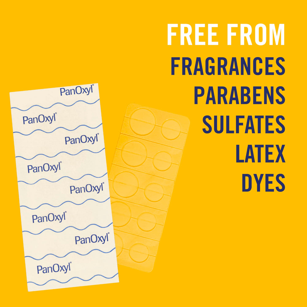 Latex-free PanOxyl patches highlight skin-friendly formulation.